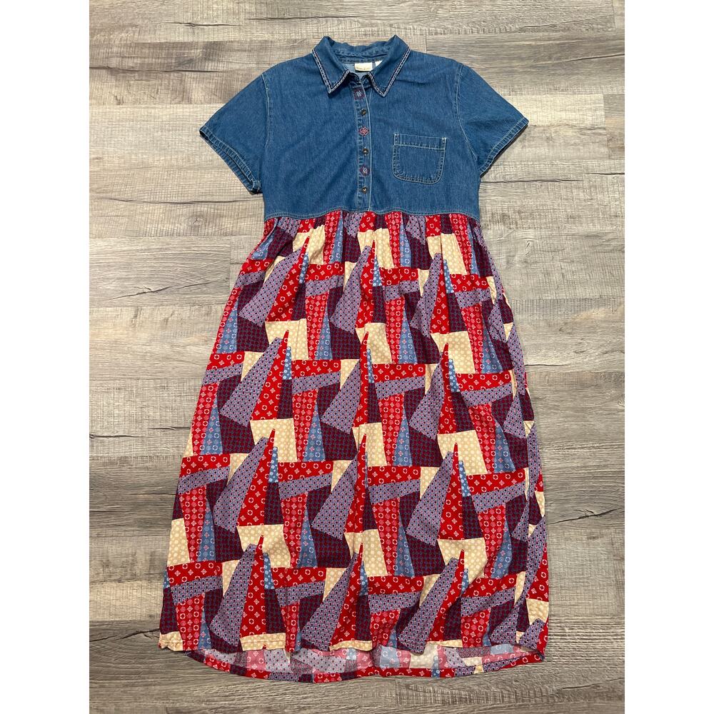 Bobbie Brooks Denim Maxi Picnic Cottagecore Dress Size XL Patchwork Embroidered
